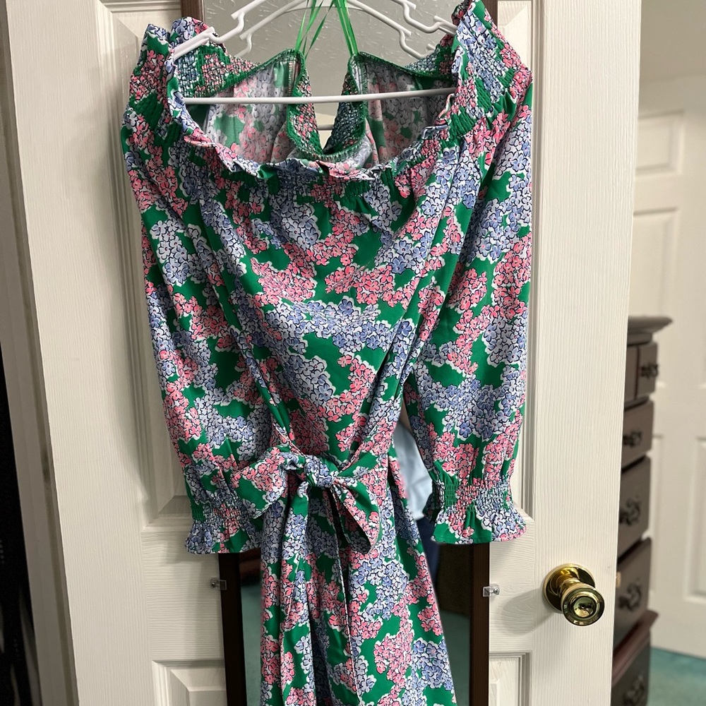 Crown and Ivy green, pink and blue off the shoulder knee length dress